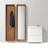 haiku Garderobe mit Spiegelpaneel hängend in Nussbaum massiv und cubus pure Dielenkommode in Farbglas weiß
