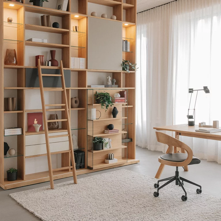 cubus shelf with sliding shelf and girado office swivel chair in solid oak