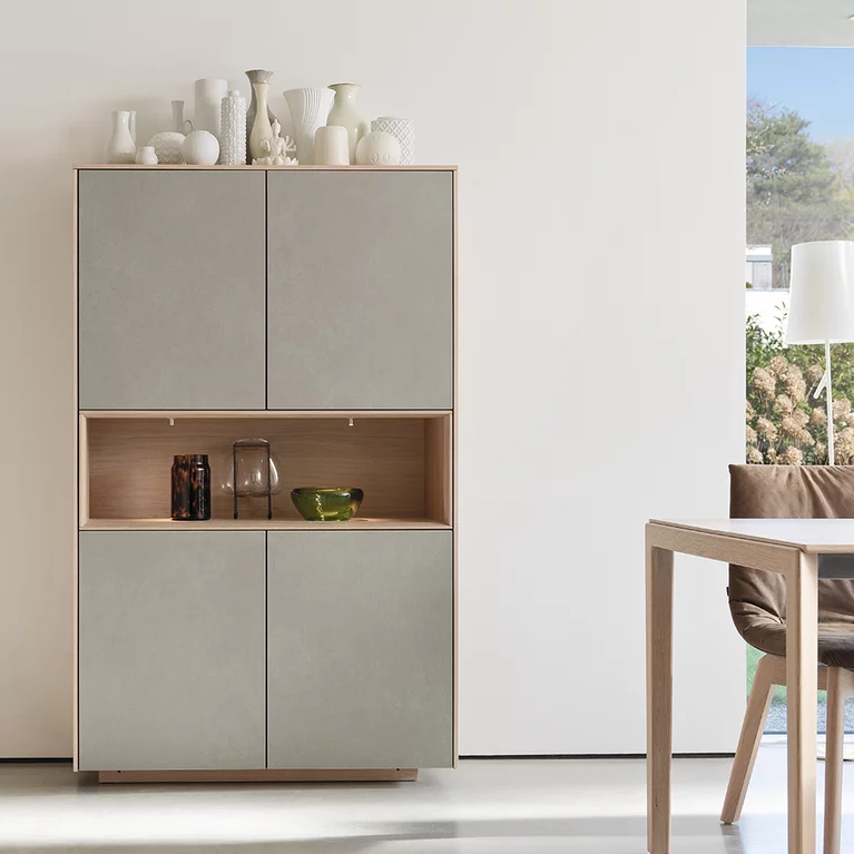 elegant filigno wall cabinet made of solid wood oak white oil, combined with the elegant ceramic colour phedra