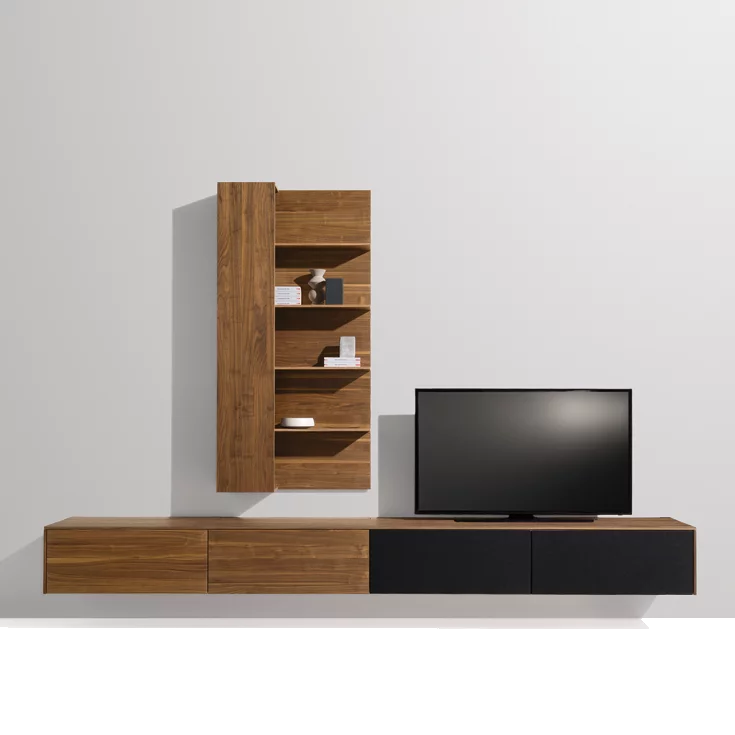 Modern hanging wall unit filigno in walnut wood with wall shelves and drawers