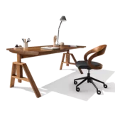 atelier desk in solid oak and girado office swivel chair with solid wood backrest and leather seat on a black swivel base with castors