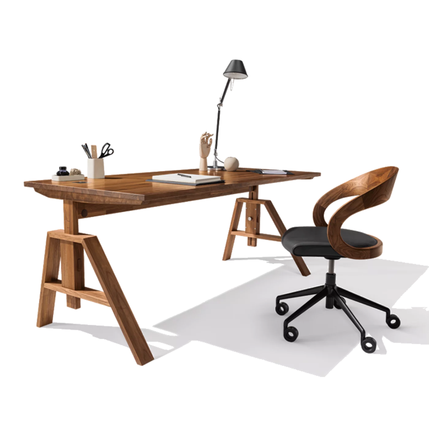 atelier desk in solid oak and girado office swivel chair with solid wood backrest and leather seat on a black swivel base with castors