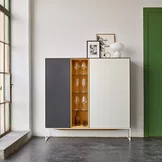 modern cubus pure wooden highboard made of solid oak with side panels, doors and top panel in coloured glass on a matt snow white metal frame