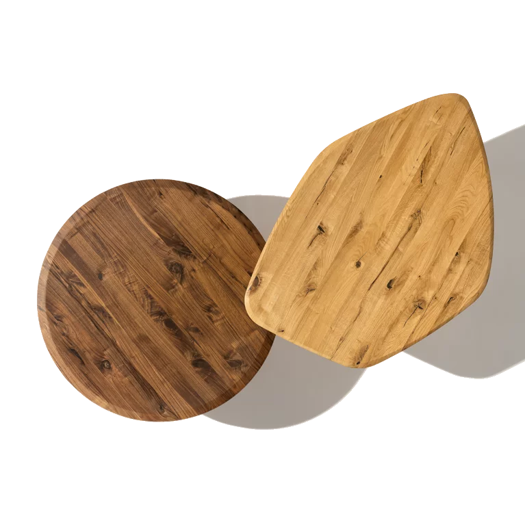 ur coffee table in various shapes made of oak and walnut in wild assortment