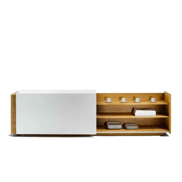 Modern cubus sideboard in solid oak and white coloured glass with open angled sliding door