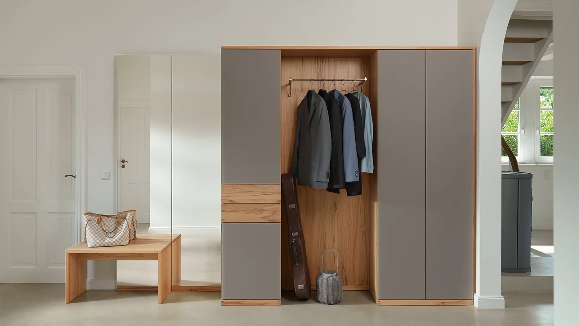 cubus wardrobe and hall bench in solid beech heartwood and taupe coloured glass