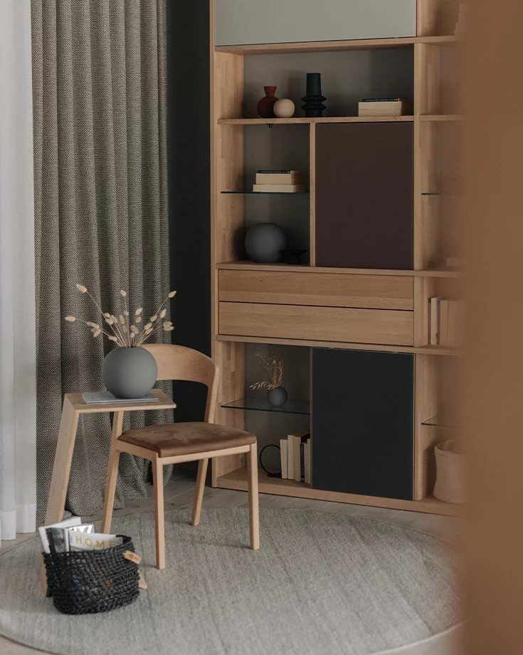 sidekick side table in wild oak white oil with upholstered mylon chair seat
