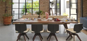 yps extendable dining room table in solid walnut with aye swivel base and the yps upholstered bench with backrest
