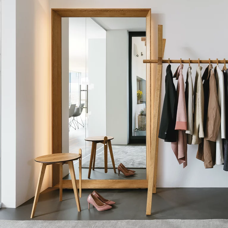 round hi! side table with the haiku hallway mirror and the hood+ coat stand in oak