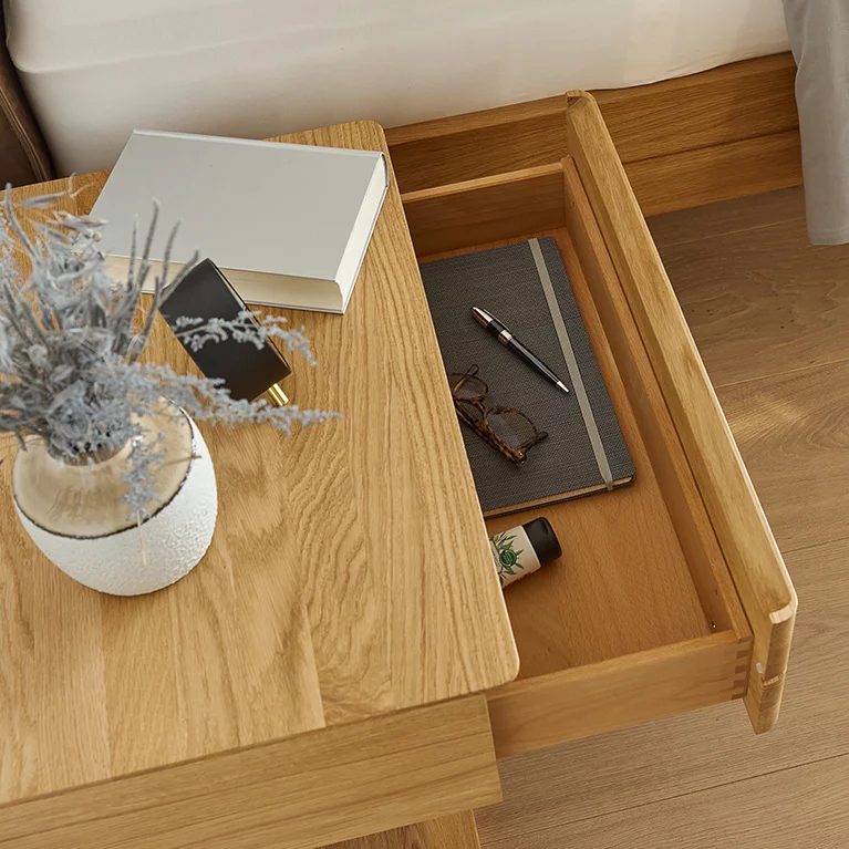 float bedside cabinet in solid oak with wooden frame