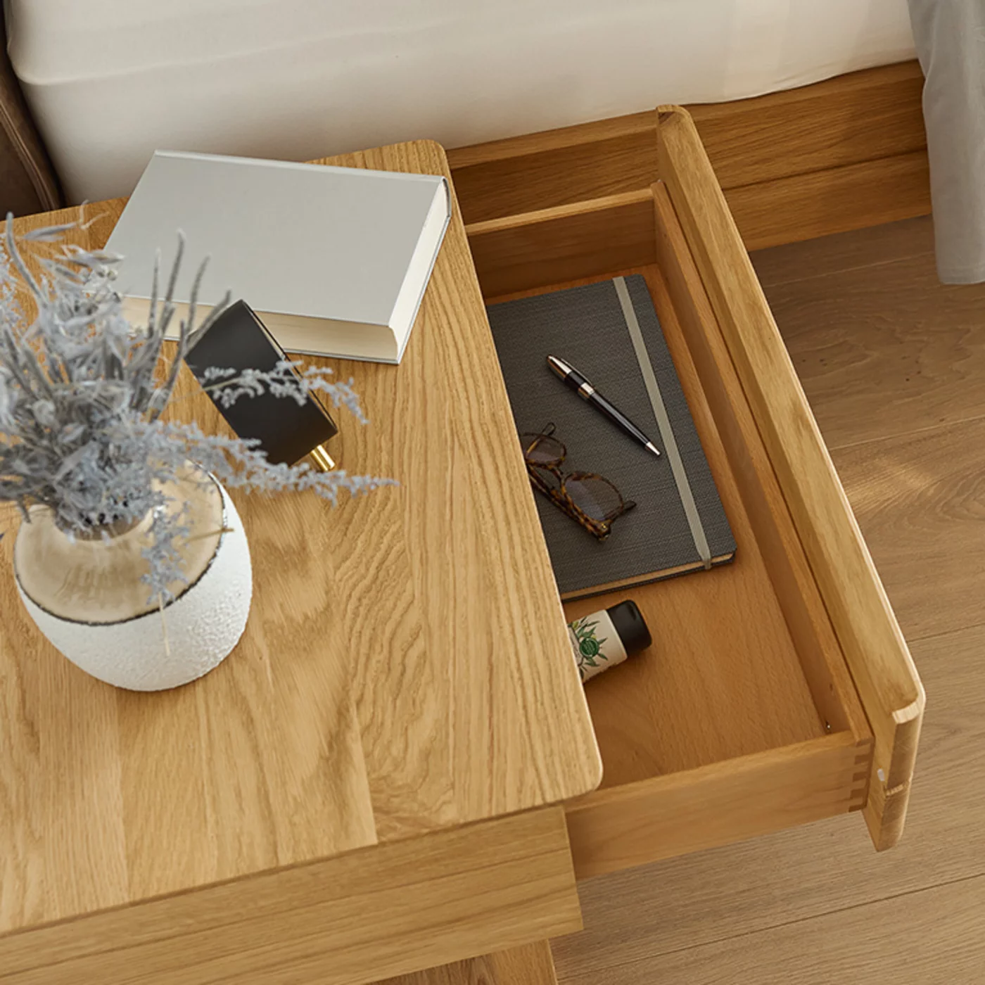 float bedside cabinet in solid oak with wooden frame