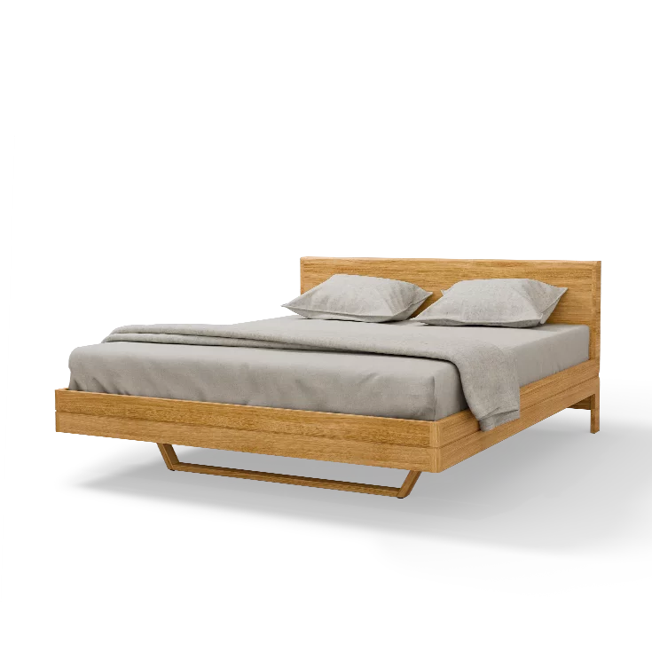 float solid wood bed in oak with wooden headboard