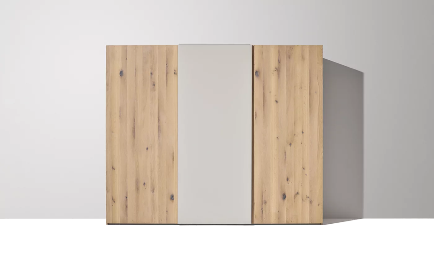 soft sliding door wardrobe in wild oak white oil with coloured glass front