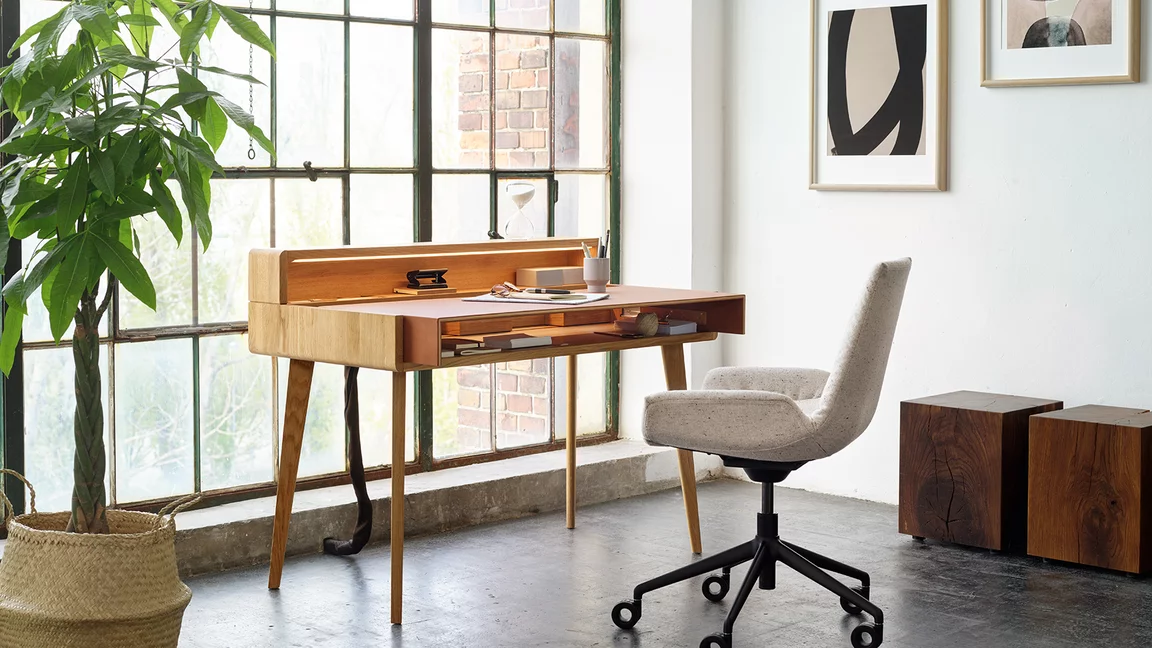 sol secretary desk in solid oak with leather and desk chair lui plus with black swivel base
