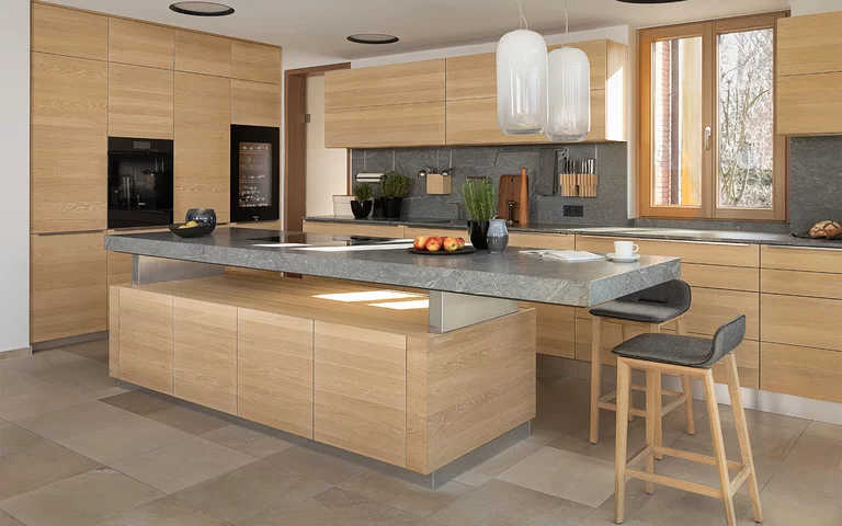 solid wood kitchen k7 island height-adjustable and linee wall unit with ark bar stools in oak white oil