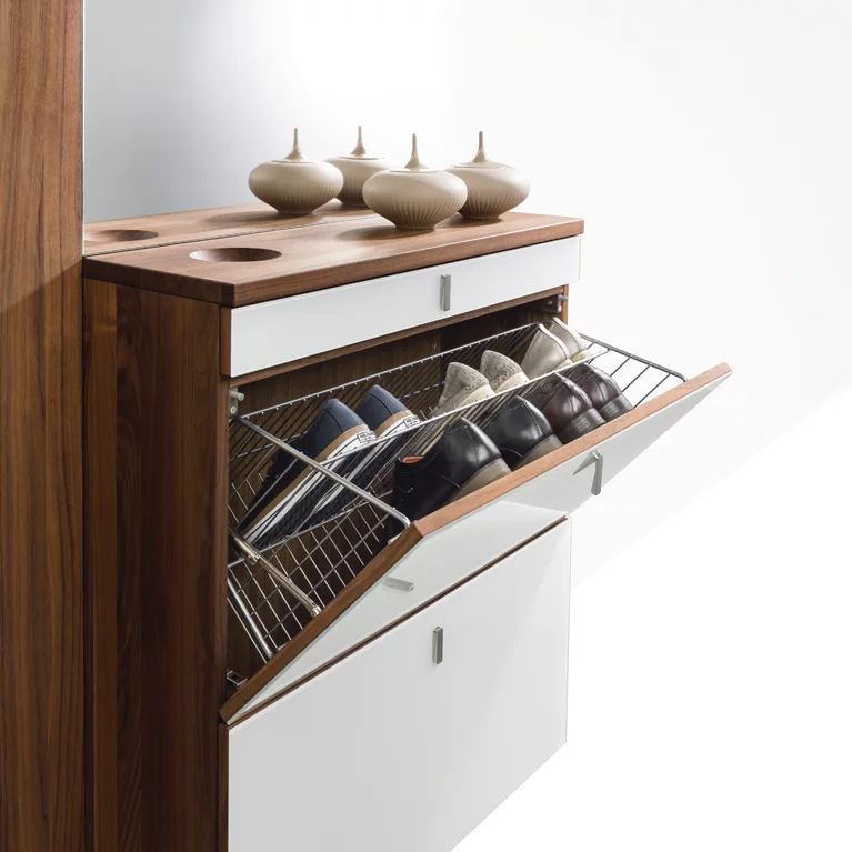 elegant cubus shoe hinged chest of drawers in walnut with coloured glass fronts, folding handles and key recesses