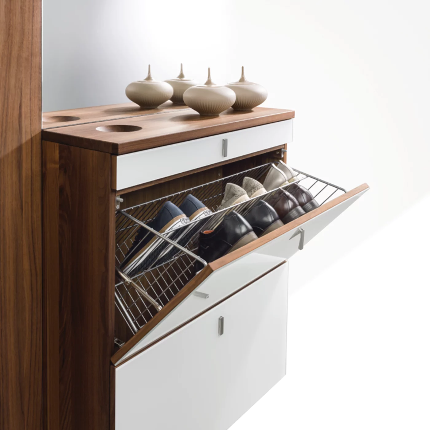 elegant cubus shoe hinged chest of drawers in walnut with coloured glass fronts, folding handles and key recesses
