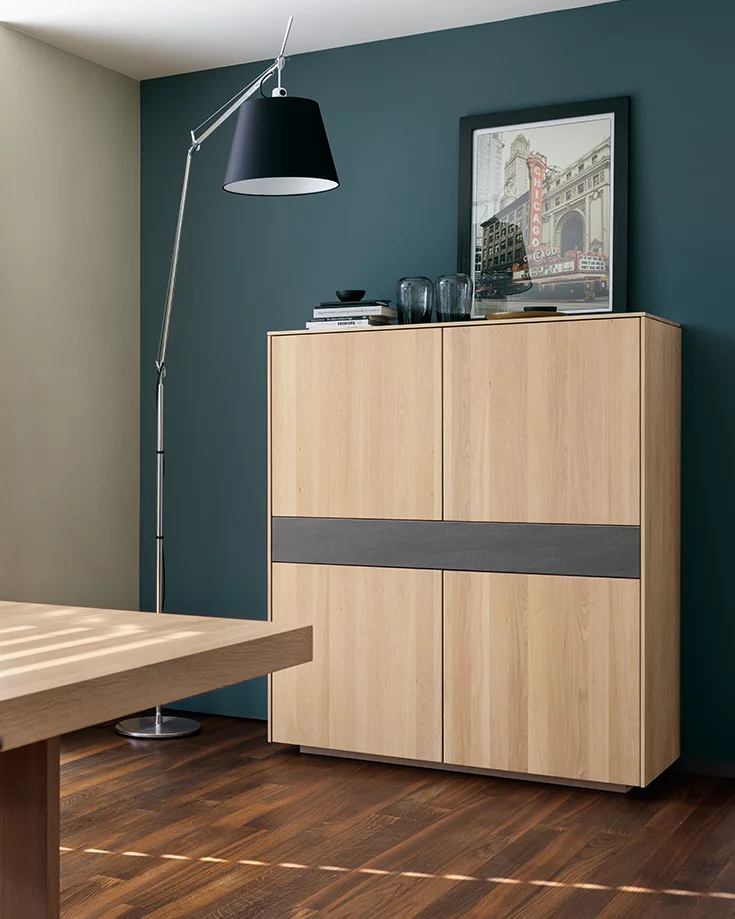 minimalist filigno highboard in oak white oil and ceramic detail in the colour cement