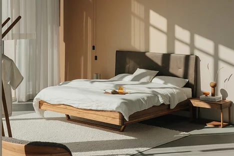 Float solid wood bed with leather headboard and float bedside cabinet in natural oak oil