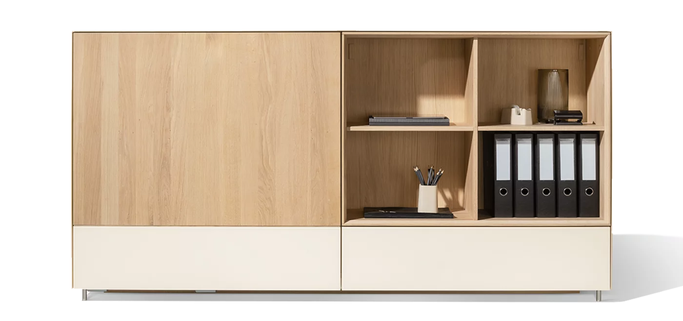Sideboard with sliding door function in white oak oil and coloured glass cubus pure sideboard with sliding door in oak white oil and coloured glass