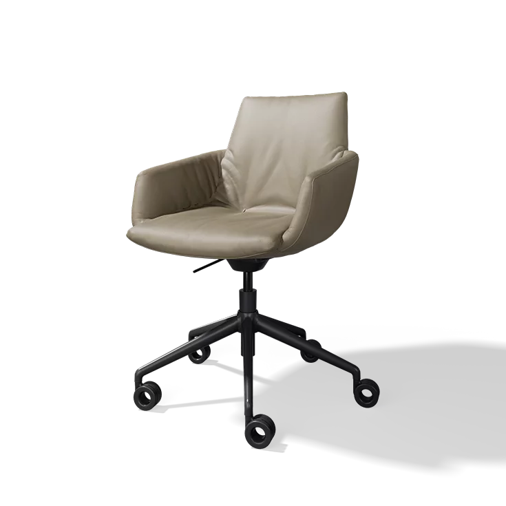 lui léger office swivel chair with leather upholstery on a black swivel base with castors