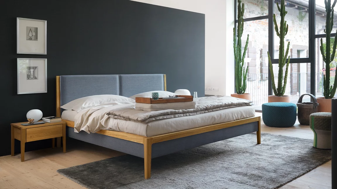 practical mylon bedside cabinet in solid oak with mylon bed, headboard and bed sides in fabric