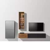 hanging wall unit in solid walnut with different glass colours, glass shelf and lighting