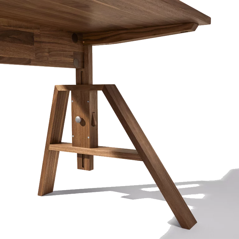 elegant atelier desk with manual height adjustment in walnut, detailed view
