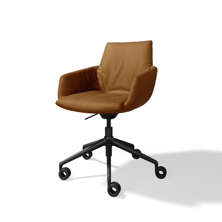 lui léger office swivel chair with leather upholstery on a black swivel base with castors