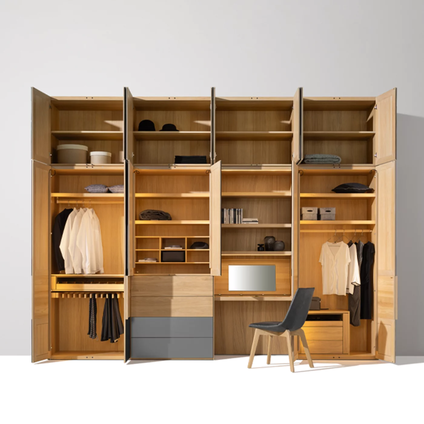 valore hinged door wardrobe illuminated in oak white oil with coloured glass anthracite matt matching the lui chair