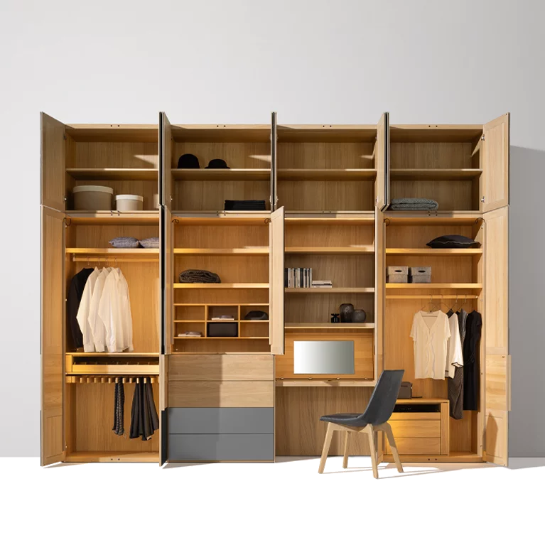 valore hinged door wardrobe illuminated in oak white oil with coloured glass anthracite matt matching the lui chair