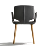 upholstered chair aye in fabric with wooden frame in solid oak, back view