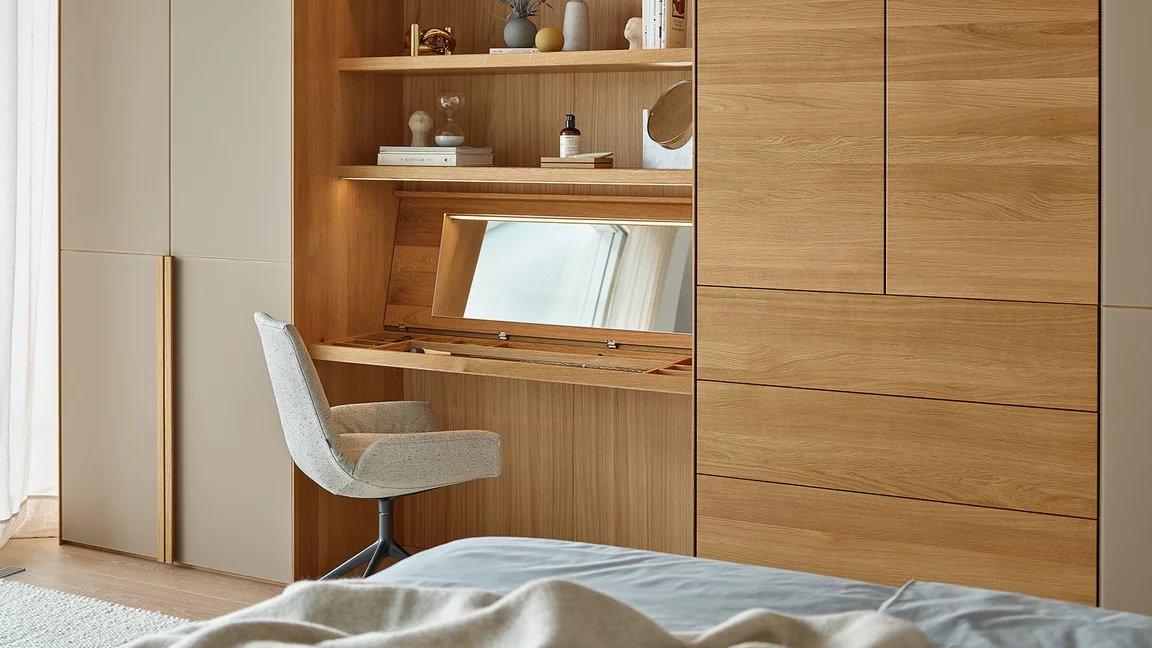 lunetto hinged door wardrobe with intermediate unit illuminated dressing table in oak wood and with the upholstered lui plus chair with swivel base in matt black