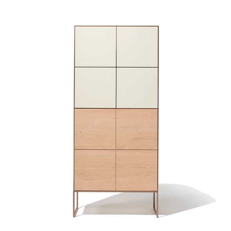 cubus pure highboard in alder white oil with coloured glass doors on metal frame in matt earth brown
