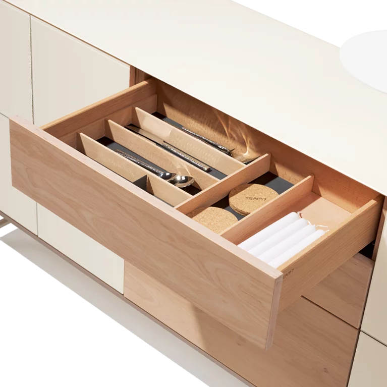 elegant cubus pure sideboard in alder white oil and glass with metal frame, detailed picture