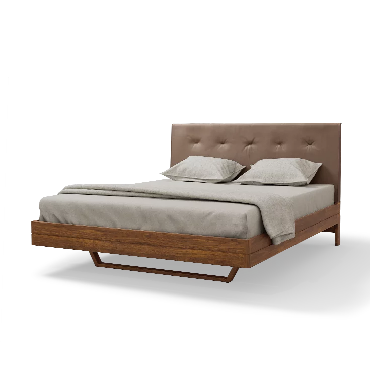 float solid wood bed in walnut with headboard in leather