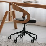 girado office swivel chair with wooden backrest in solid oak and leather seat on a black swivel base with castors