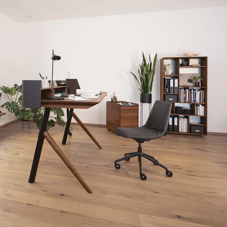 pisa desk with the pisa mobile pedestal in walnut and the lui office swivel chair in leather
