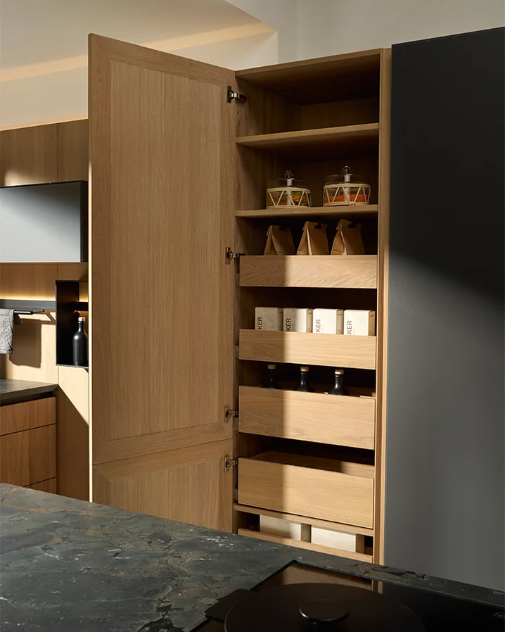 pur natural wood kitchen in oak with graphite grey matt coloured glass and tall unit with practical interior drawers
