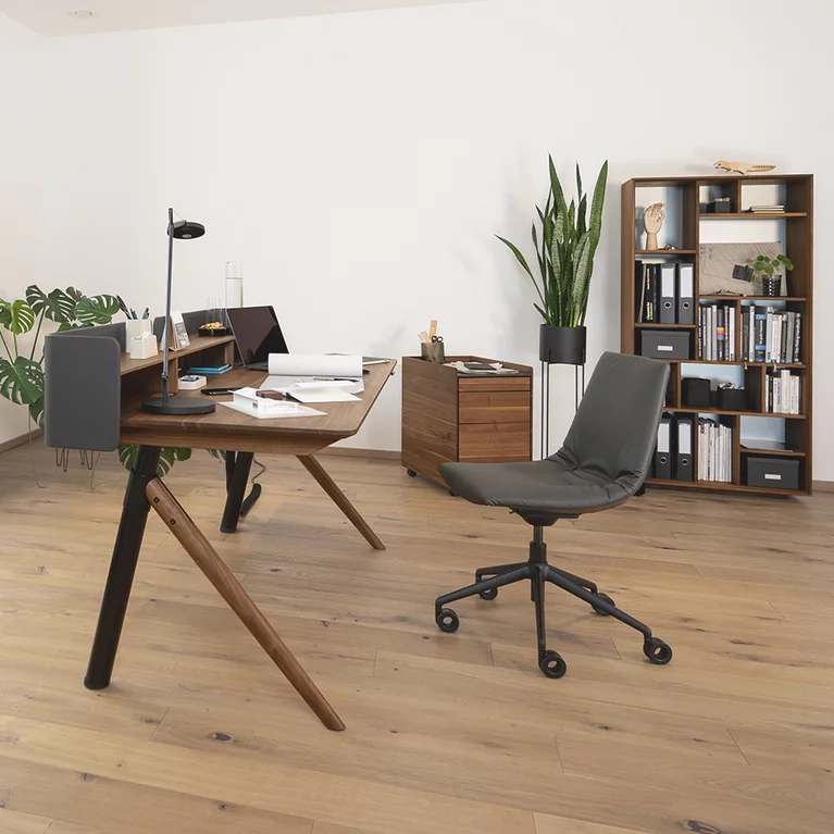 home office consisting of lui office swivel chair with pisa desk and mobile pedestal and graphic design element in solid walnut