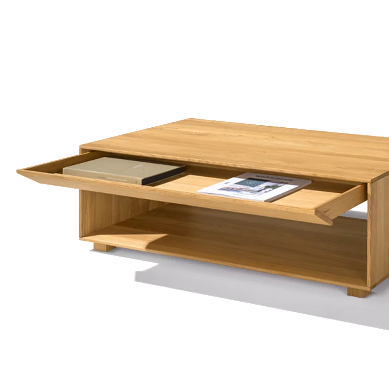 simple lux coffee table made of solid oak natural oil with drawer and storage space