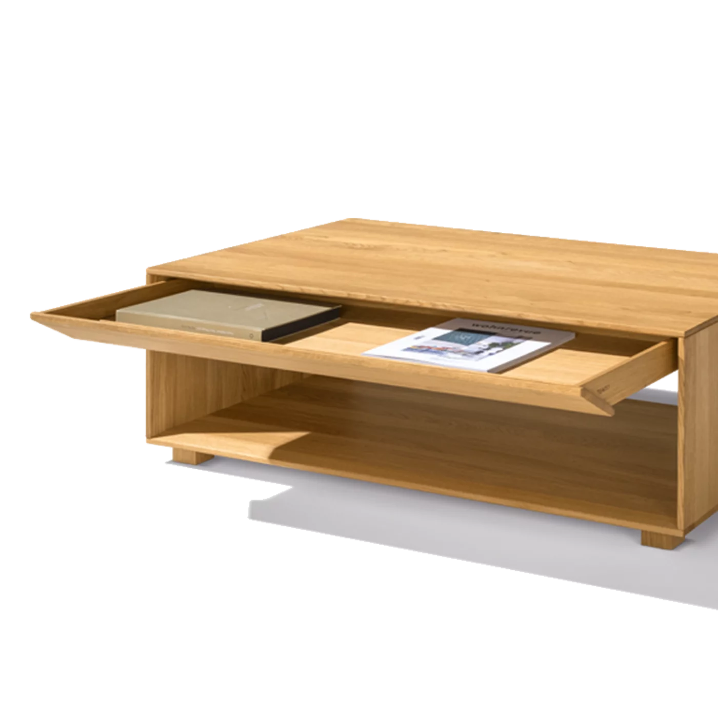 schlichter Couchtisch lux aus Massivholz Eiche Naturöl mit Schublade und Stauraum