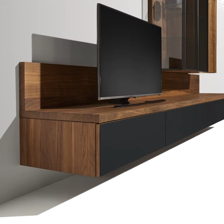 cubus wall unit in walnut wood with black glass hanging cubus wall unit in solid walnut with black coloured glass