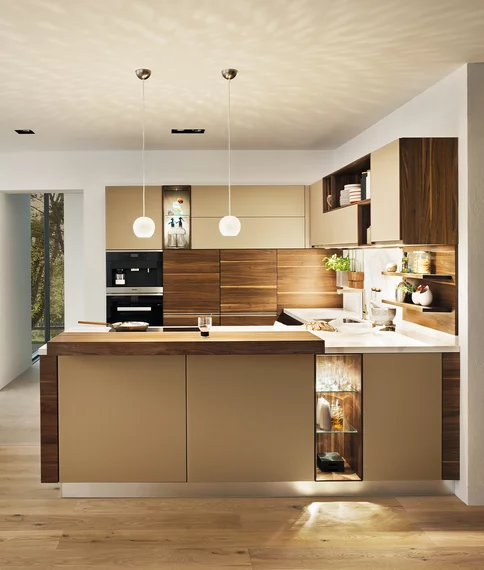solid wood kitchen with coloured glass fronts solid wood kitchen linee in walnut with coloured glass fronts in sand matt