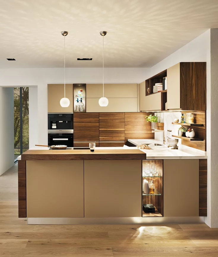solid wood kitchen with coloured glass fronts solid wood kitchen linee in walnut with coloured glass fronts in sand matt