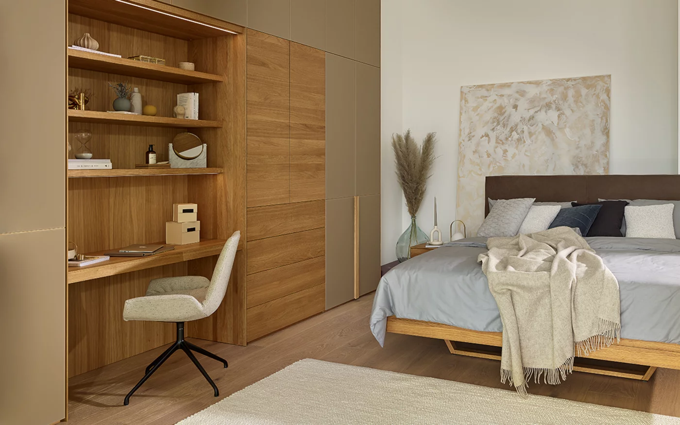 float solid oak bed with leather headboard matching the oak hinged door wardrobe with coloured glass