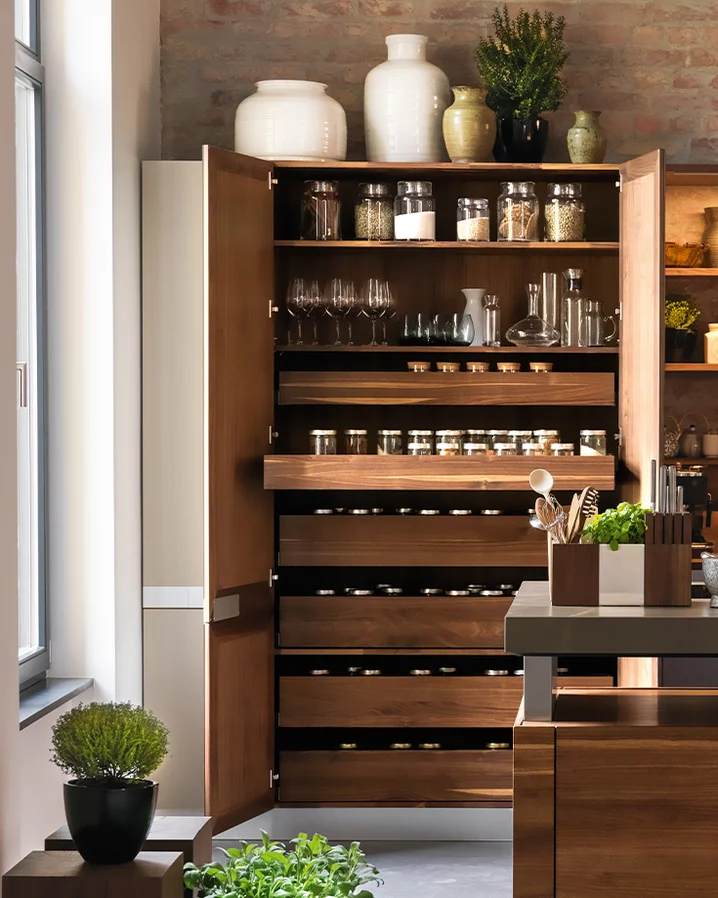 kitchen k7 linee wall unit in solid walnut with large tall unit and interior drawer