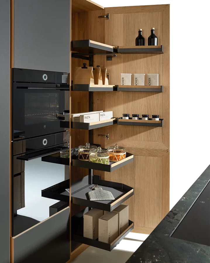 pull-out tall unit interior partition in oak white oil