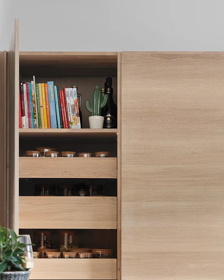 filigno wooden kitchen in solid oak white oil with tall units and practical interior drawers