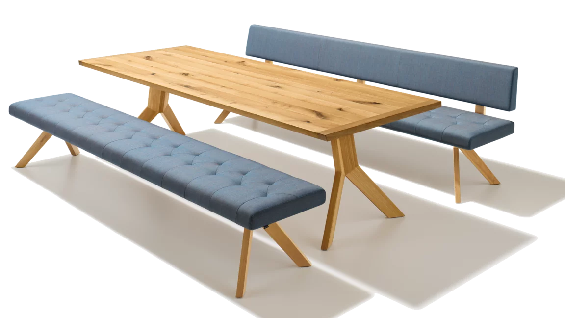 yps extendable dining table in wild oak with the yps upholstered bench without backrest and the yps upholstered bench with backrest